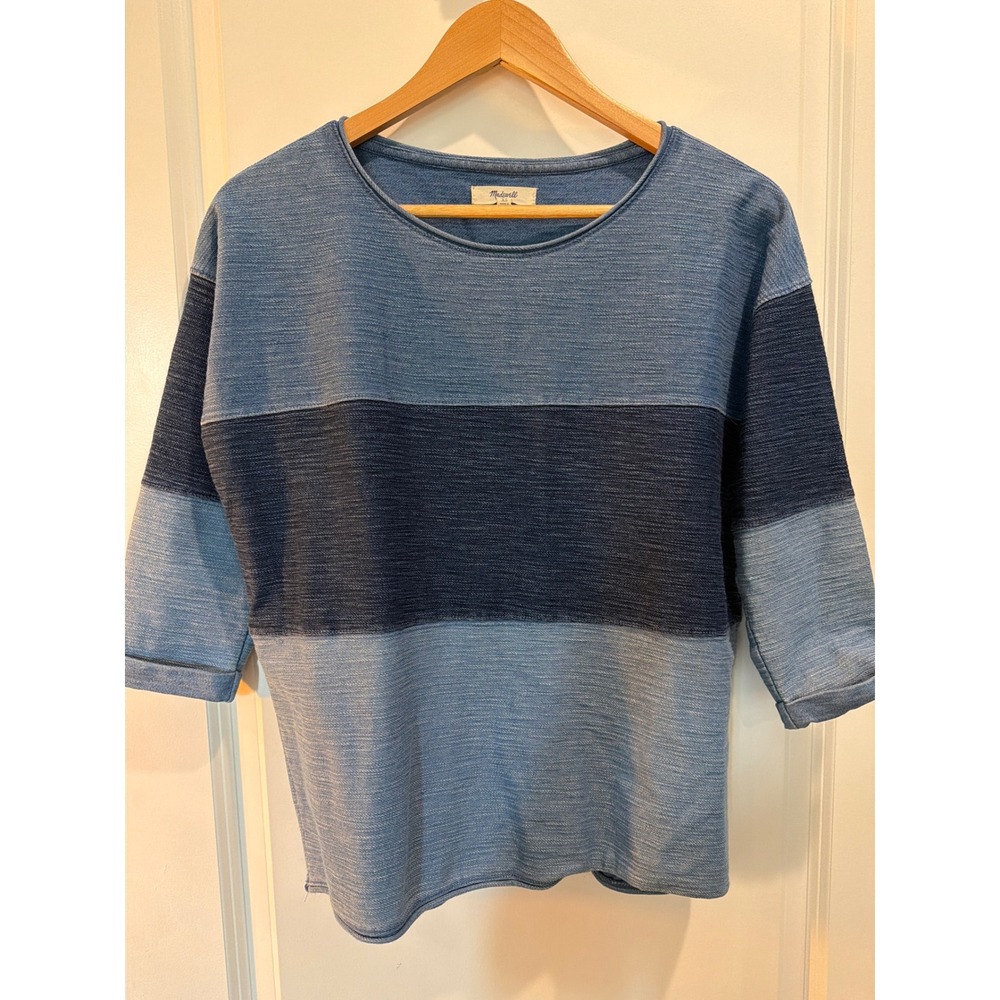 Madewell Indigo Colorblock Textured Knit Top Blue XS Crew Neck 3/4 Sleeve
